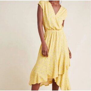NWOT Anthropologie Maeve Yellow Faux Wrap Midi Ruffle Dress Women's Size Small